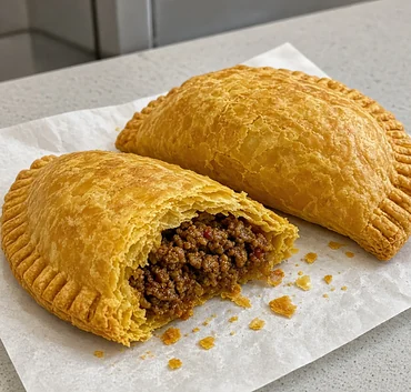Jamaican beef patties on deli paper, one broken open