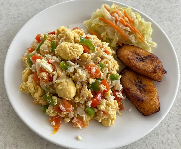Ackee and saltfish with peppers and tomato, fried plantain and steamed cabbage